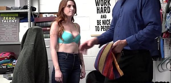  Petite redhead thief Aria Carson caught and fucked hard by a perverted security guy
